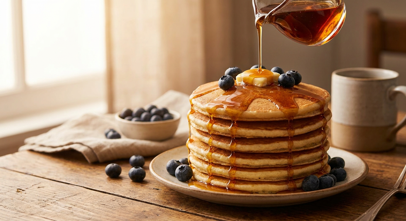 O stivă înaltă de pancakes pufoase în stil american cu sirop de arțar și afine proaspete
