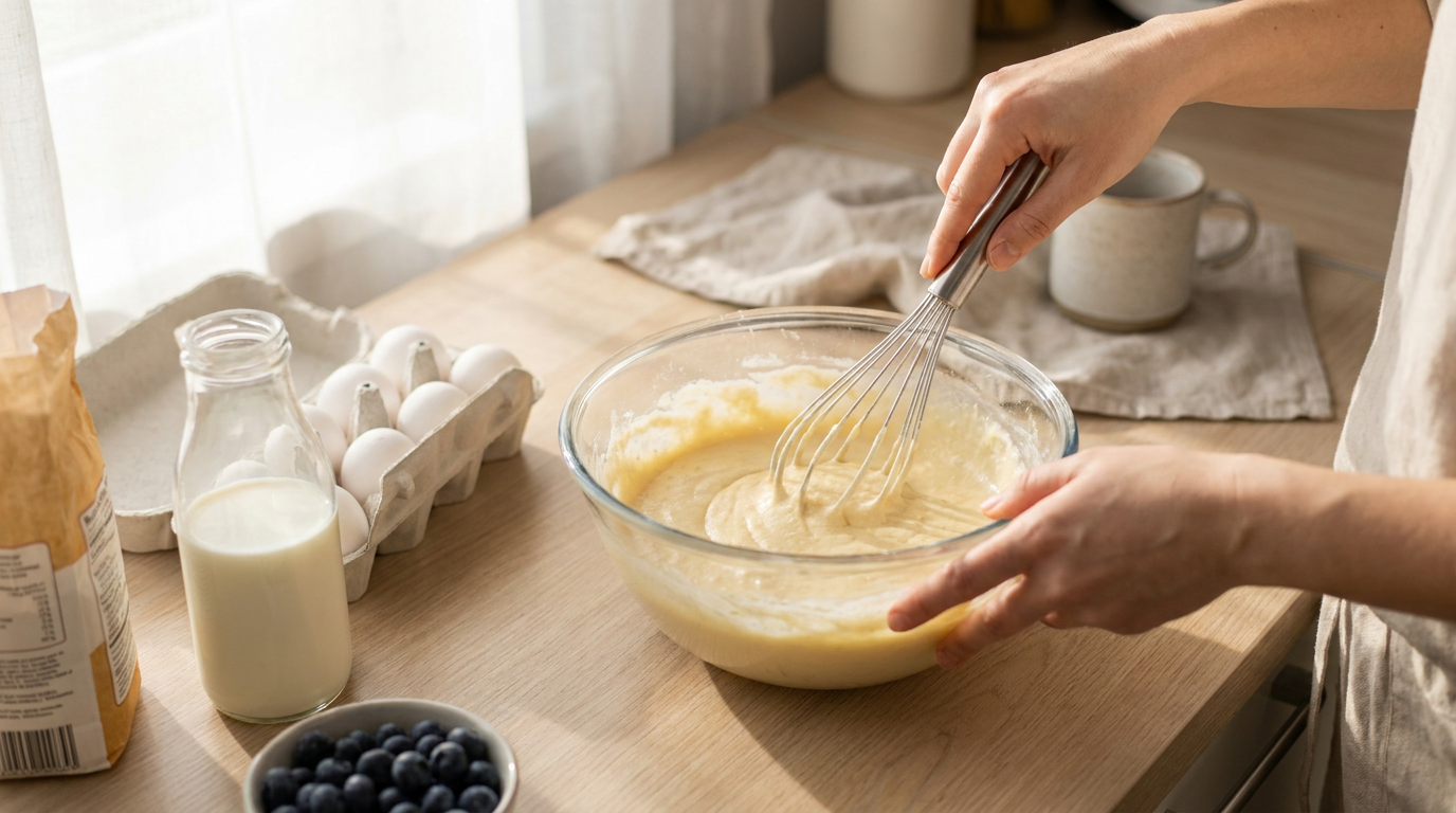 Amestecarea aluatului pufos de pancakes cu telul într-un bol de sticlă