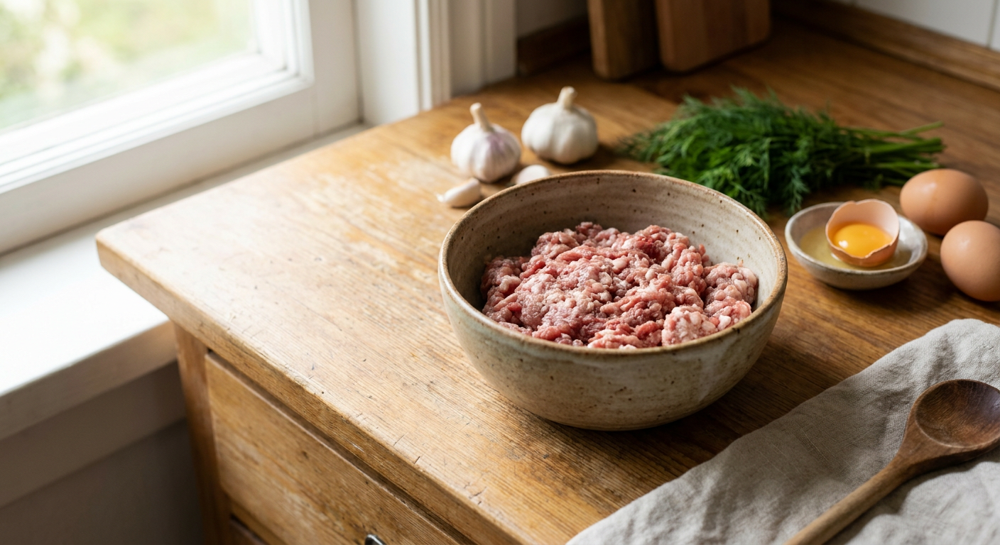 Carne tocată proaspătă pregătită pentru chiftele românești