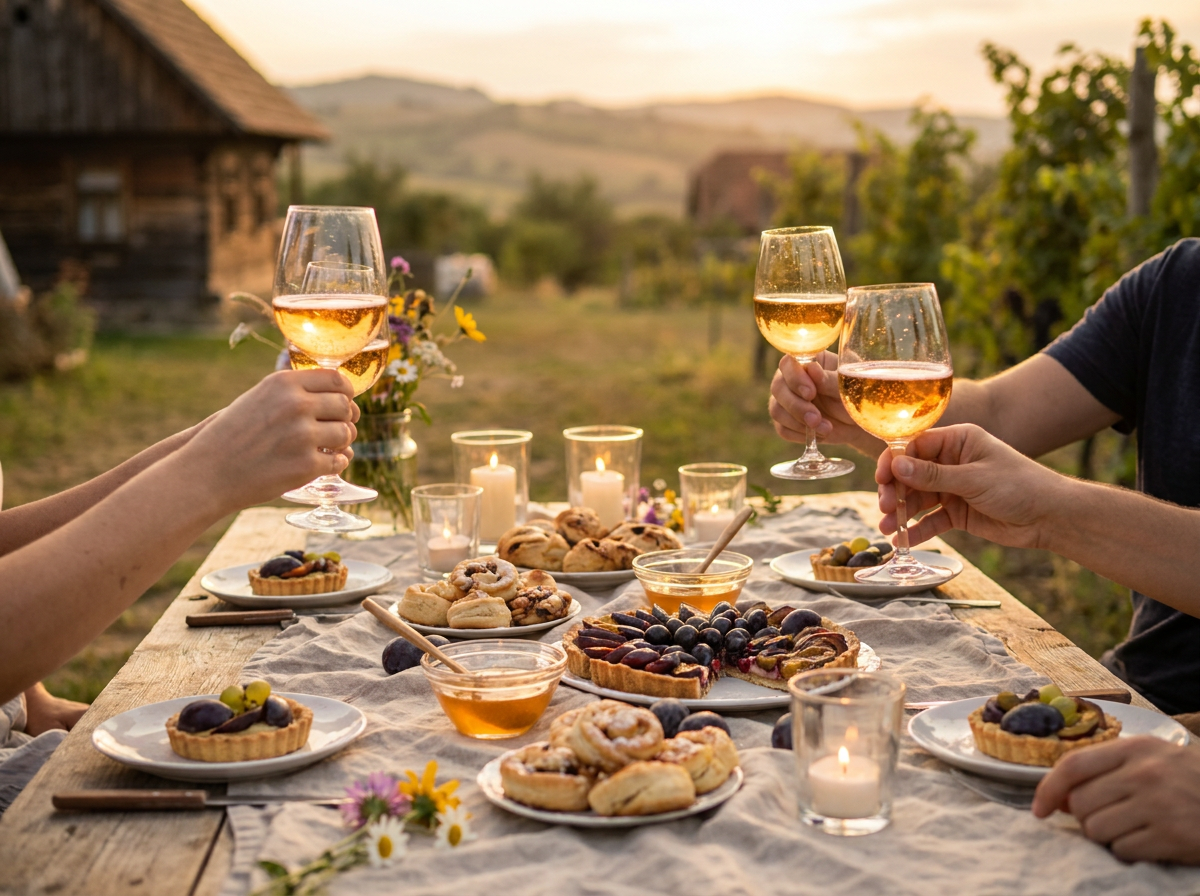 Masă festivă cu eclere, cornulețe și pahare cu vin spumant, pregătită pentru un toast de onomastică