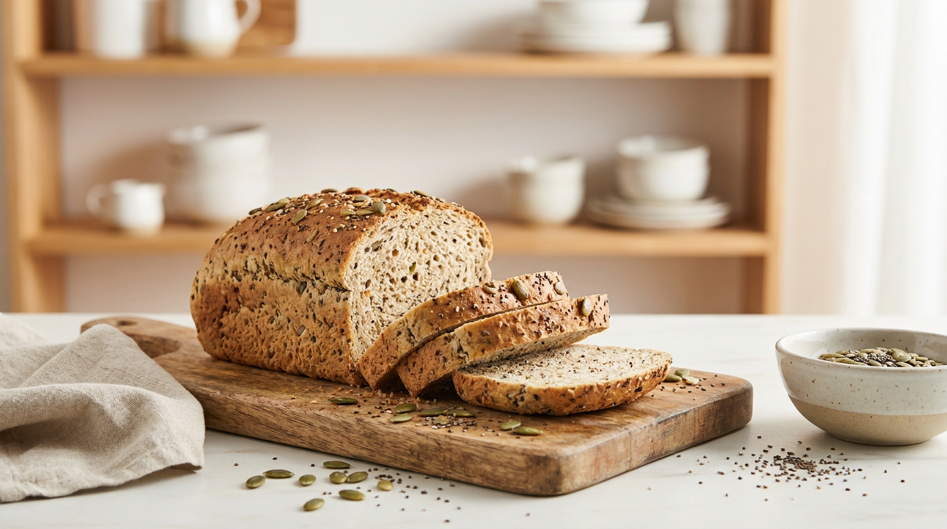 Felii de pâine fără gluten bogată în semințe pe un tocător de lemn