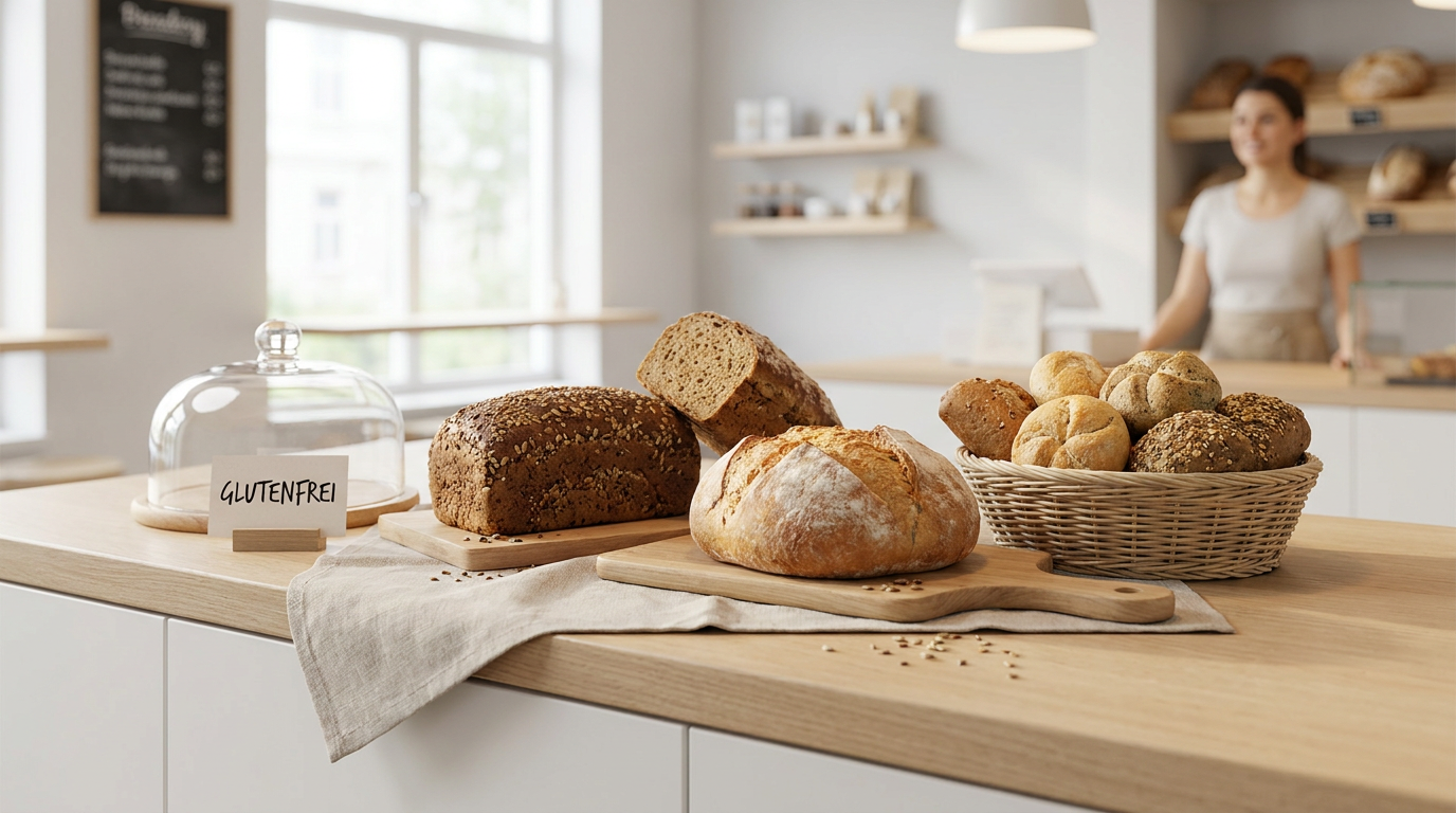 Selecție artizanală de pâine fără gluten pe un blat de lemn