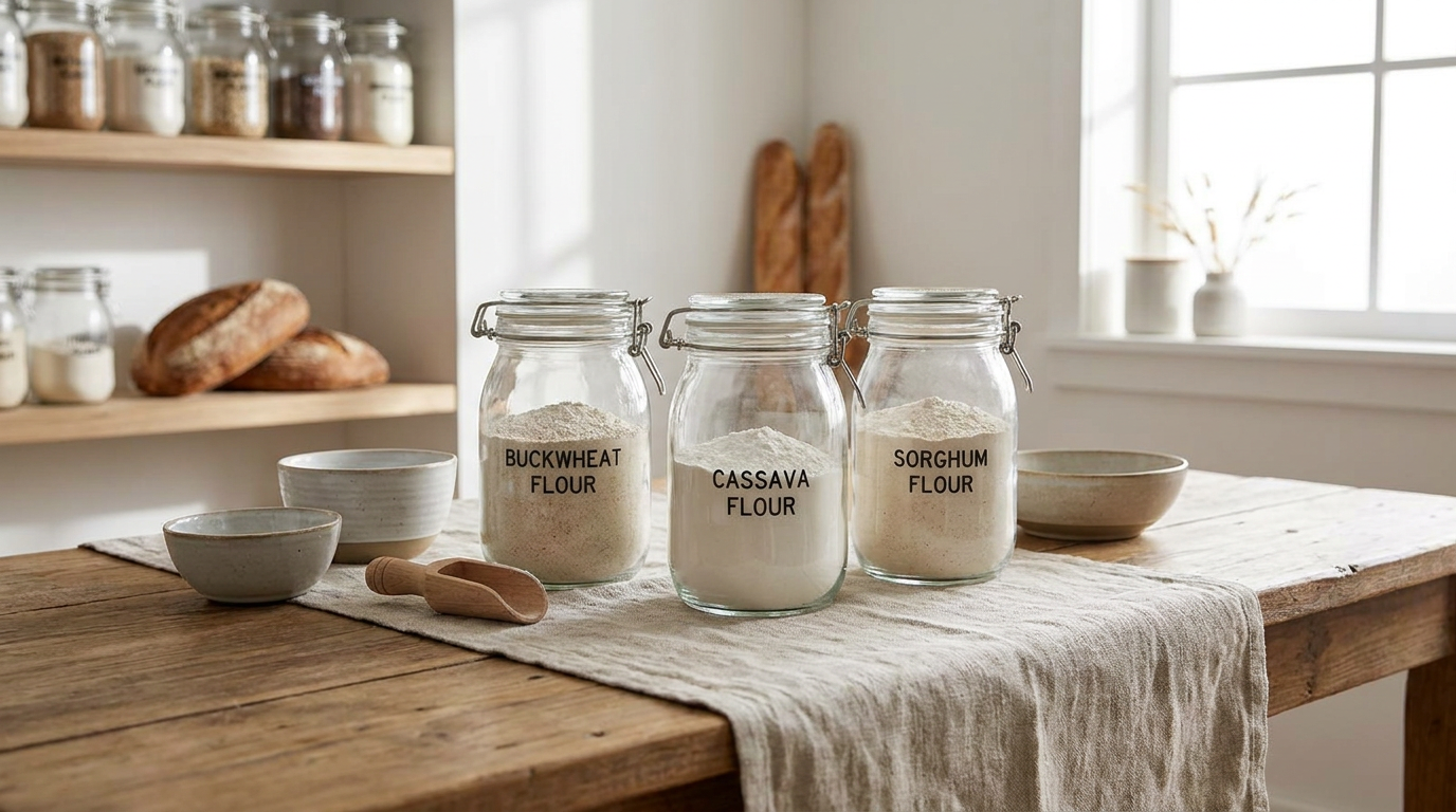 Recipiente cu făinuri fără gluten din hrișcă, manioc și sorg