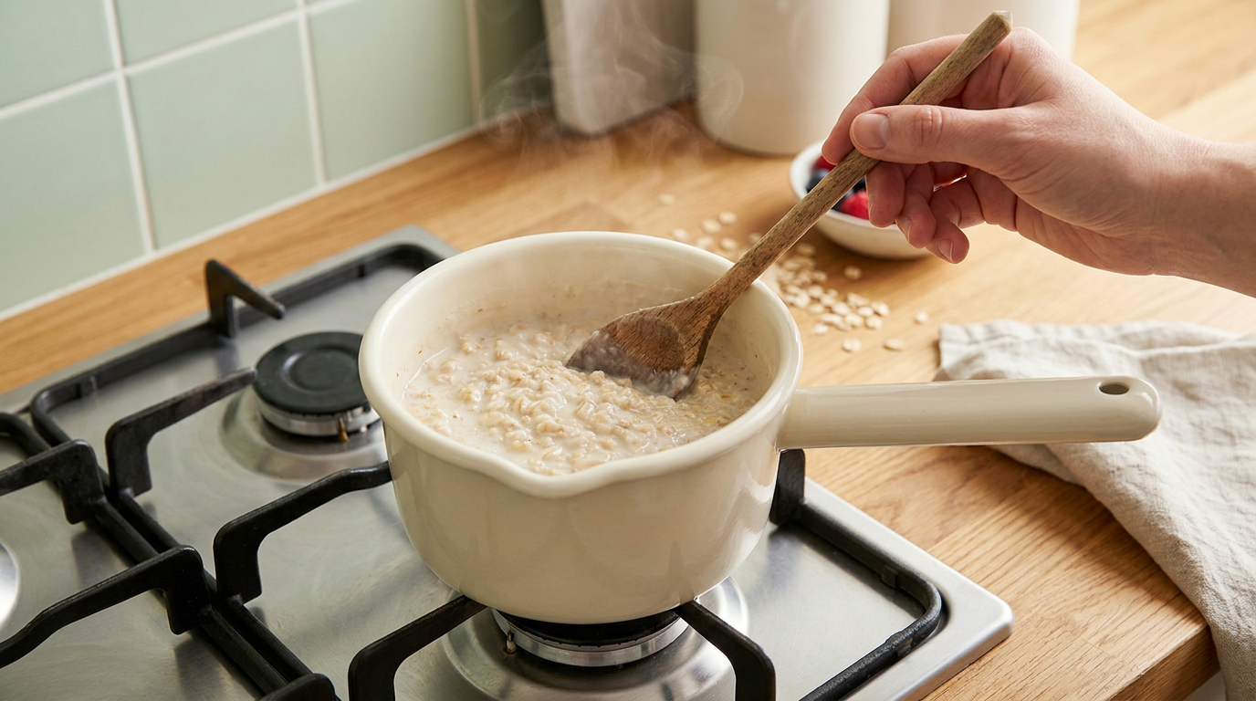 Gatirea unui porridge cremos intr-o cratita pe aragaz amestecat cu o lingura de lemn