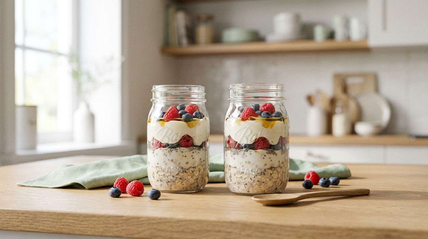Borcane elegante din sticla cu overnight oats stratificat si fructe de padure