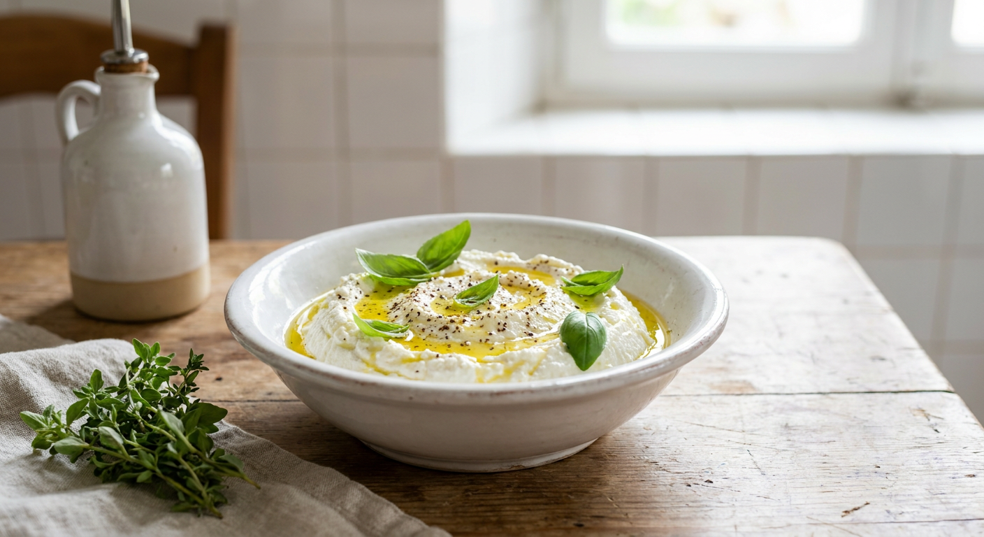 Brânză ricotta proaspătă italiană cu ulei de măsline și busuioc