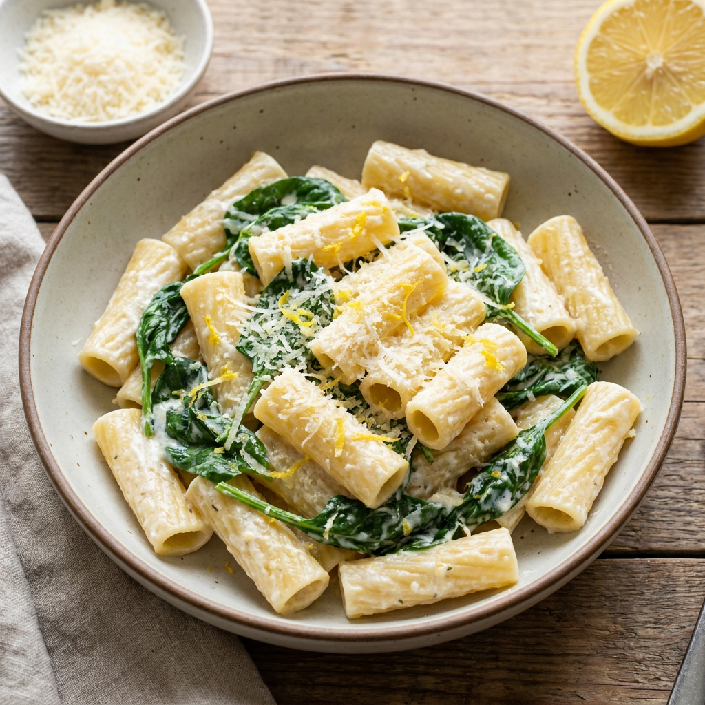 Paste rigatoni cu ricotta, spanac și lămâie