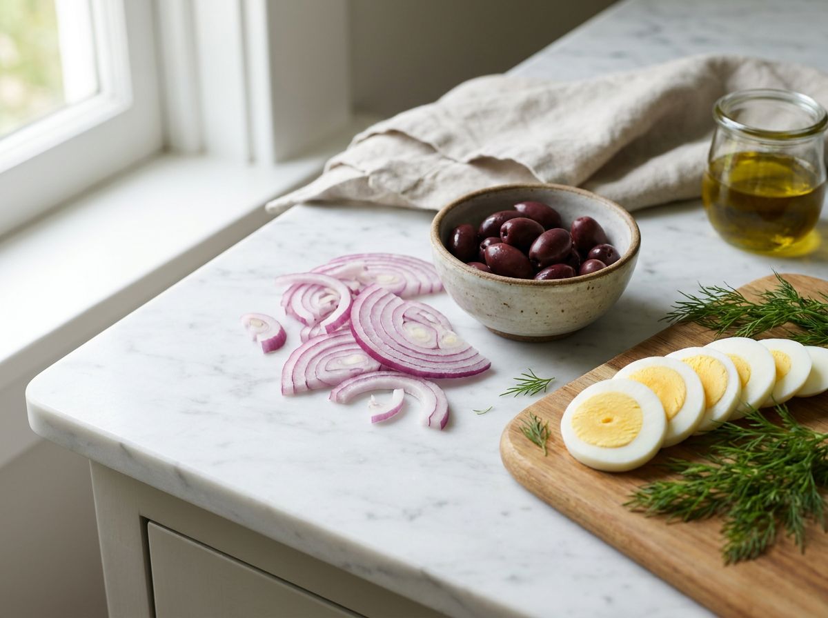 Ceapă roșie feliată, măsline kalamata și ouă fierte pentru salată