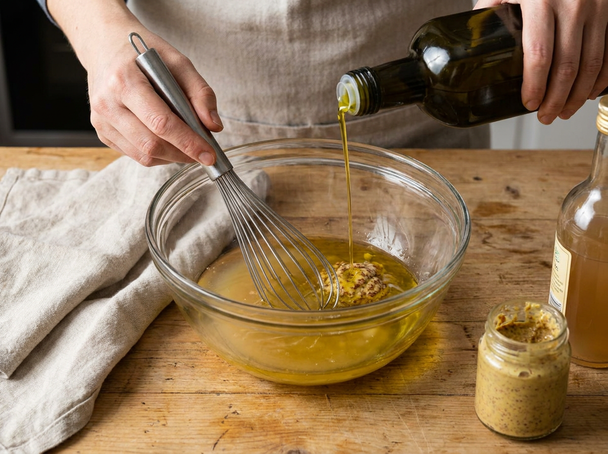 Prepararea vinaigretei cu ulei de măsline și muștar