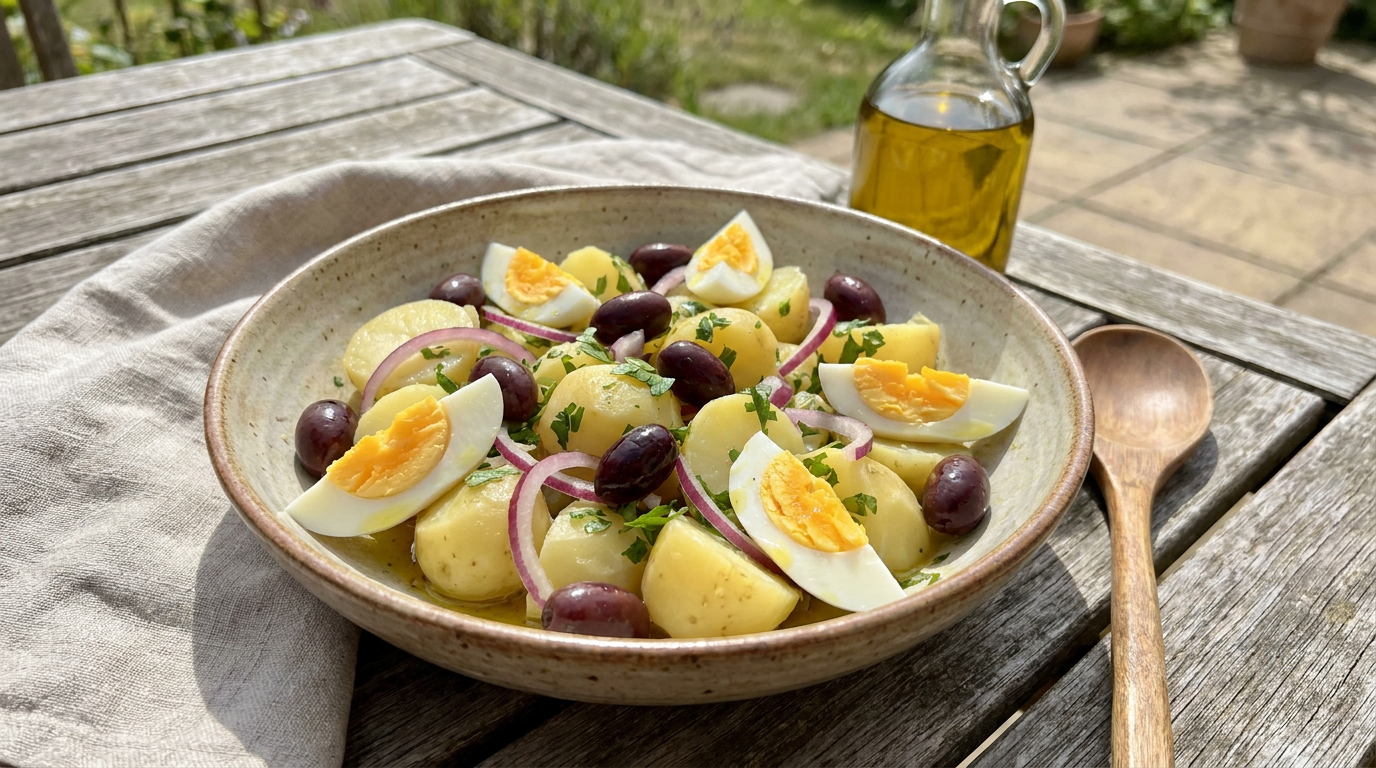 Salată orientală de vară cu cartofi noi, măsline kalamata și ouă fierte