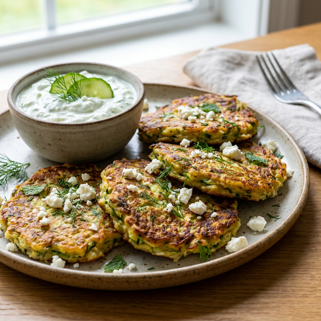 Zucchini fritters served with tzatziki sauce and lemon