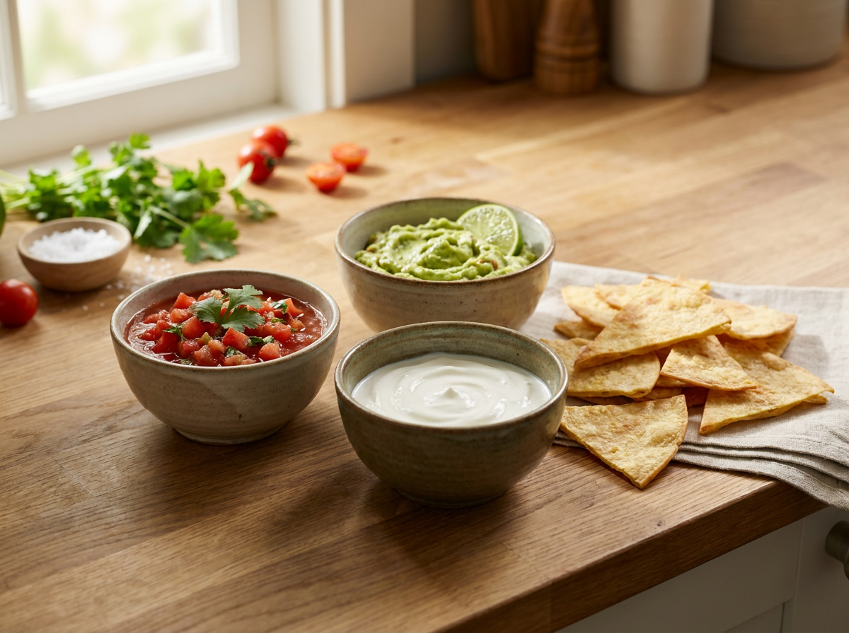 Selecție de sosuri salsa, guacamole și smântână răcoroasă