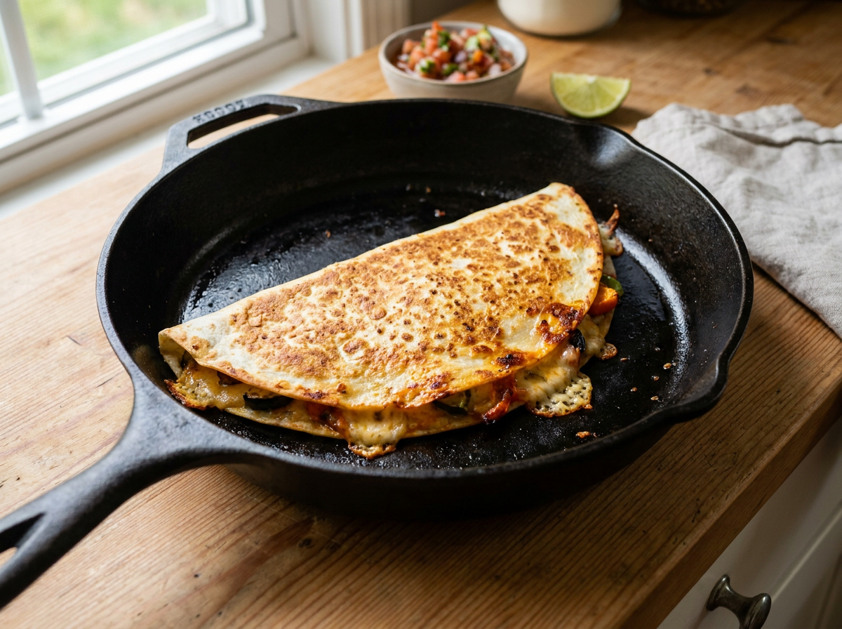 Rumenirea quesadillei în tigaie până devine aurie și crocantă