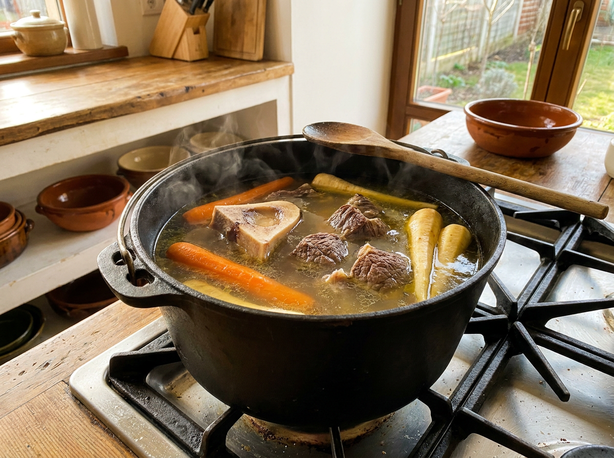 Oală cu supă de vită la foc mic cu carne și oase aromate