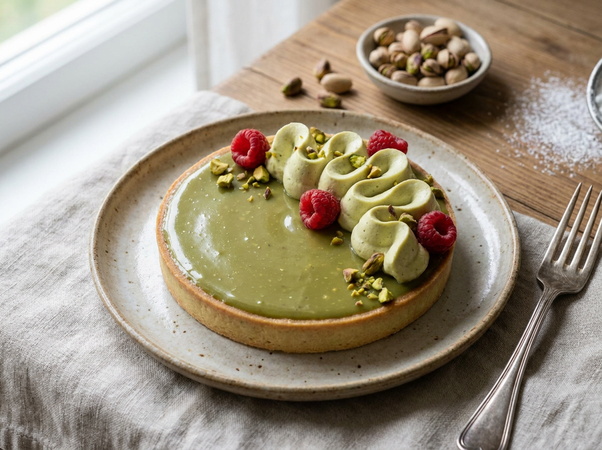 Tartă franțuzească modernă cu ganache de fistic și zmeură proaspătă