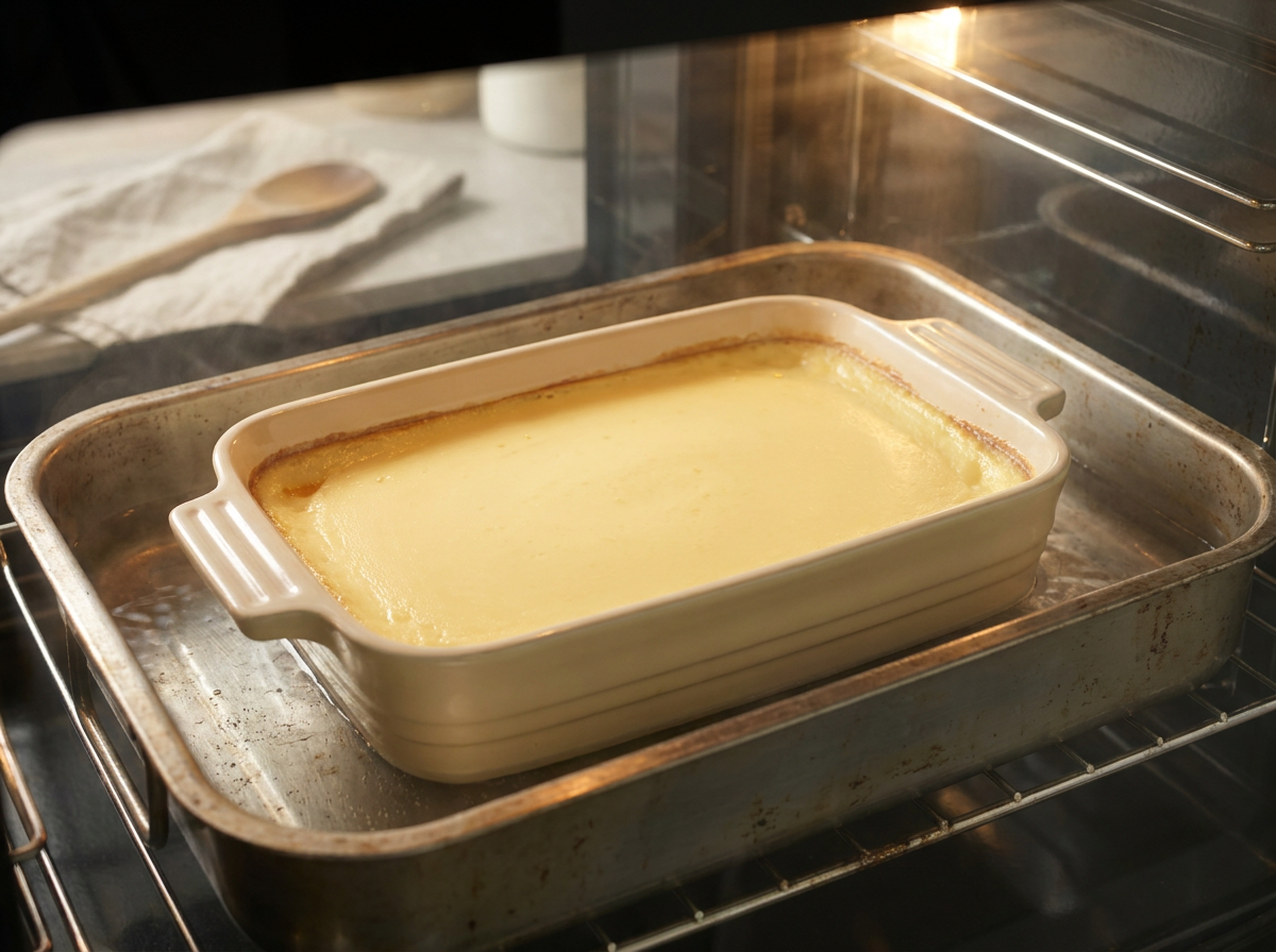 Vasul cu cremă de zahăr ars pregătit pentru coacere lentă la bain-marie în cuptor