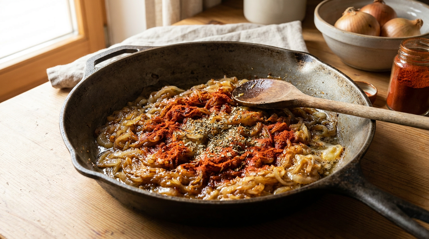 Ceapă galbenă caramelizată lent în untură pentru baza aromatică de gulaș