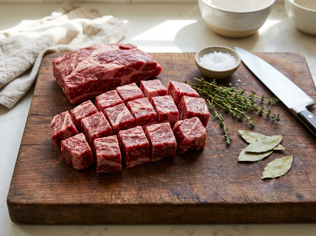 Bucăți marmorate de carne de vită și rasol tăiate în cuburi pentru gulaș