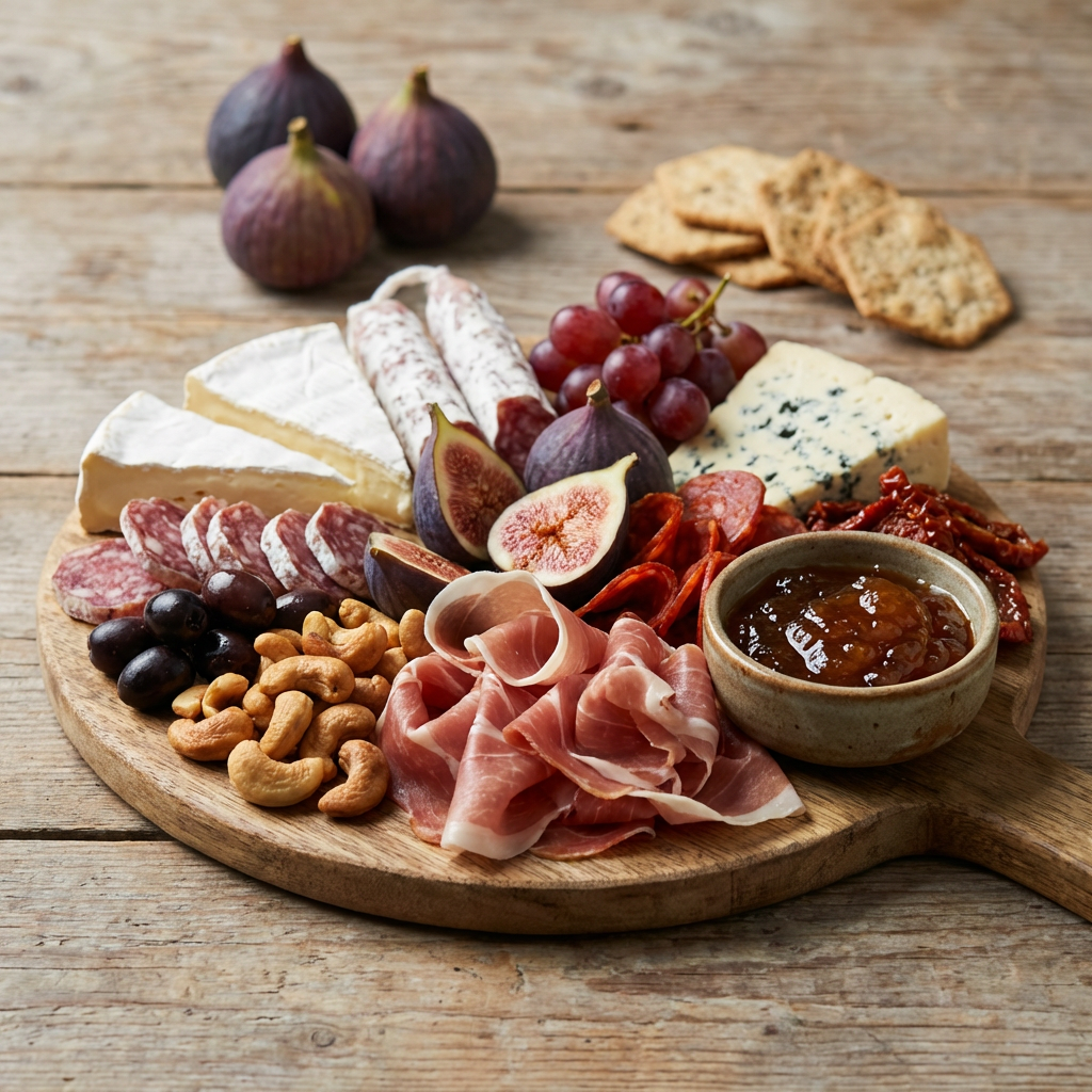 Platou festiv de charcuterie cu smochine proaspete, prosciutto si branzeturi fine
