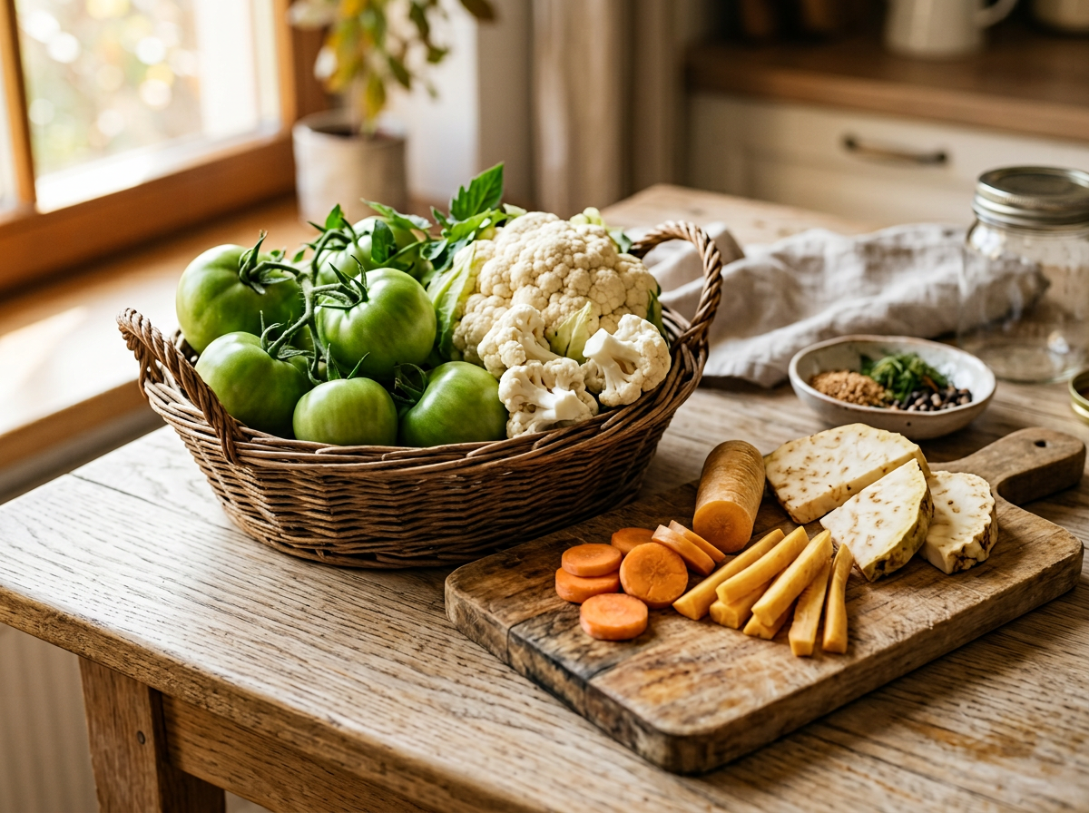 Coș rustic cu legume proaspete de toamnă gogonele conopidă morcovi