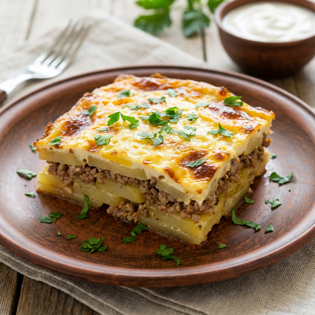 Porție delicioasă de musaca tradițională de cartofi cu carne tocată rumenită la cuptor