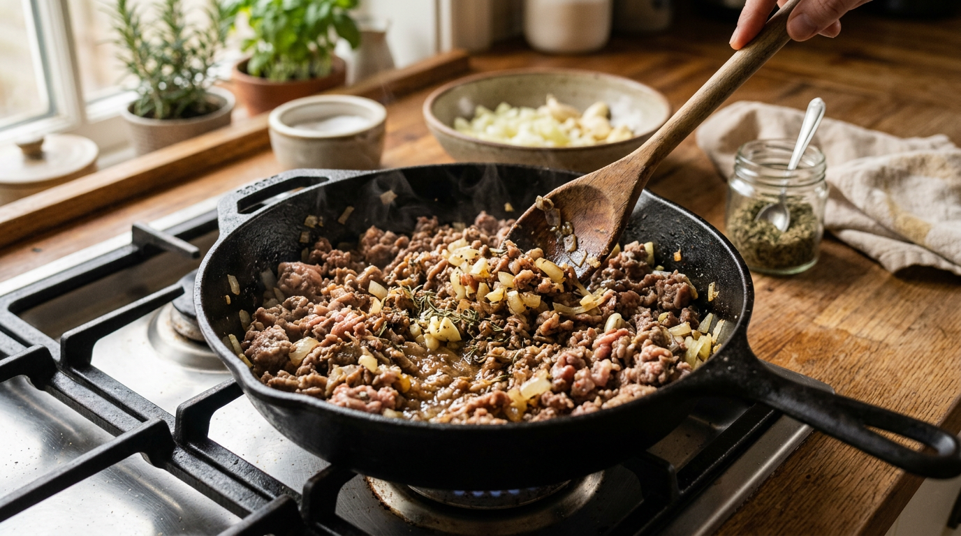 Carne tocată de porc și vită călită cu ceapă galbenă și cimbru într-o tigaie din fontă
