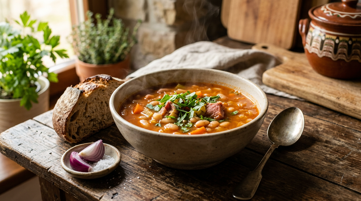 Ciorba de fasole cu afumatura servita intr-un bol rustic cu ceapa rosie si paine de casa
