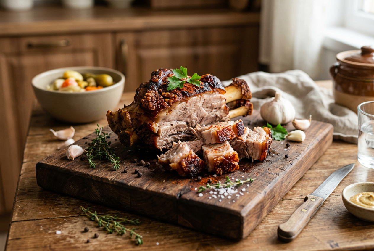 Ciolan de porc afumat si costita traditionala pe un blat din lemn masiv