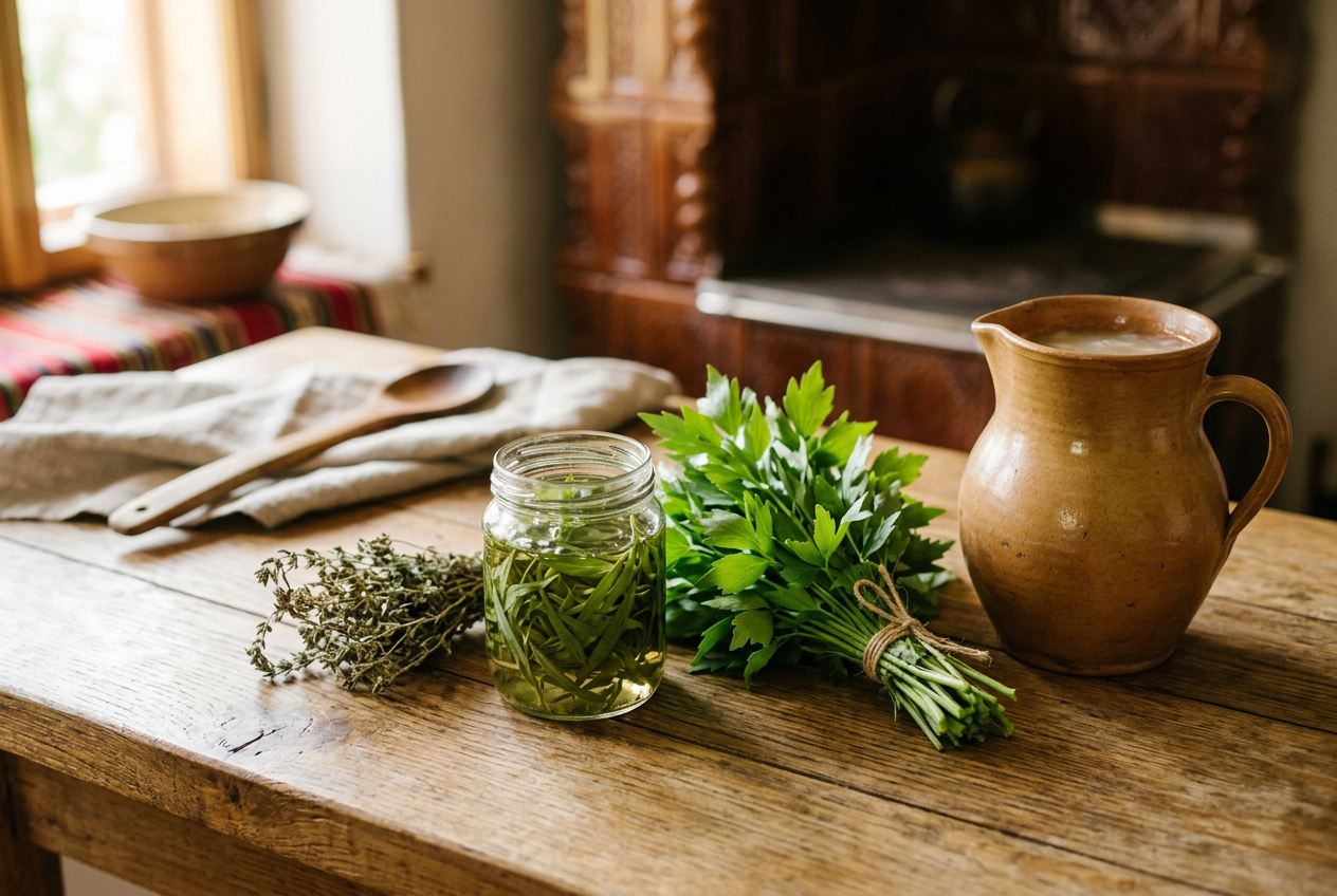 Ierburi aromatice, tarhon in otet, frunze de leustean si bors traditional intr-un vas de lut