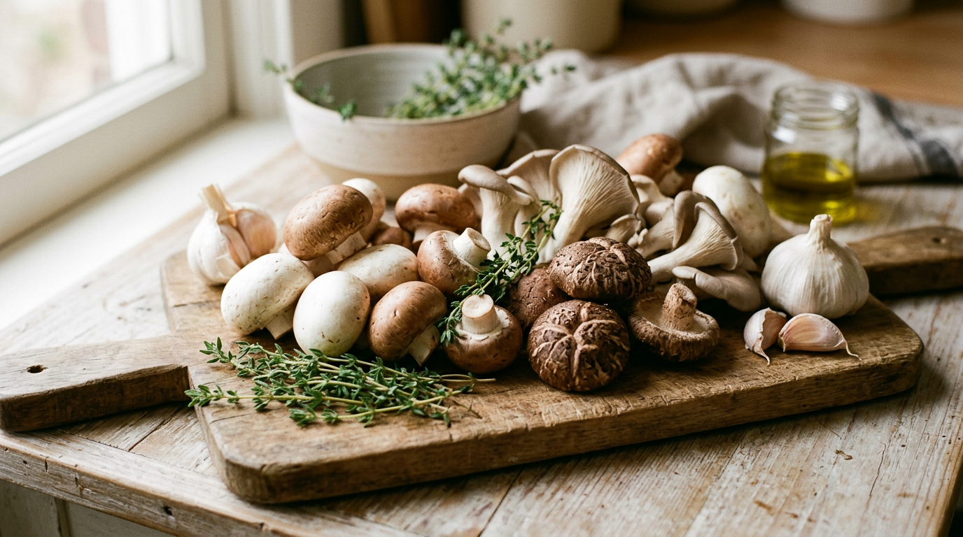 Selecție de ciuperci proaspete champignon albe, brune, pleurotus și ierburi aromatice pe un blat de lemn