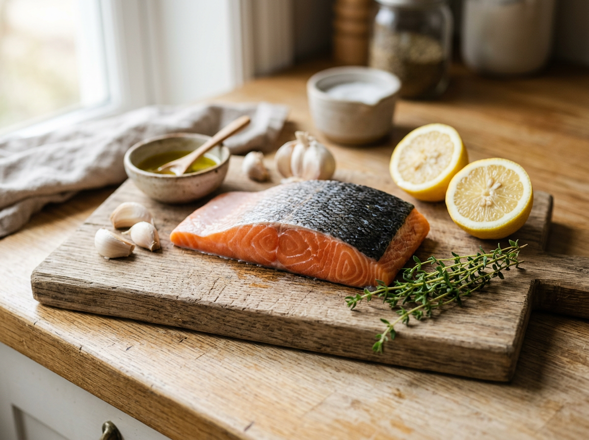 File de somon crud pe tocător de lemn, alături de lămâi tăiate, usturoi și ulei de măsline, ingrediente pregătite pentru marinat