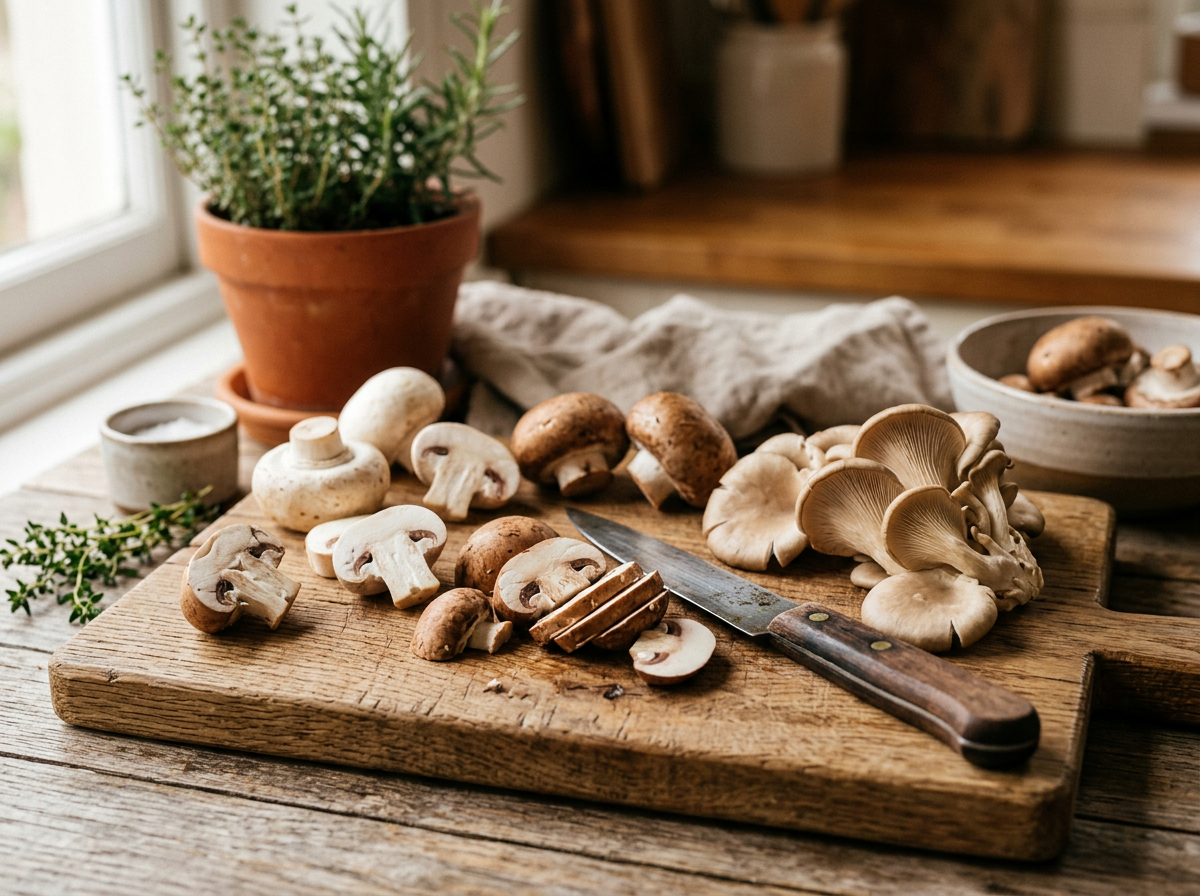 Selecție variată de ciuperci champignon, brune și pleurotus tăiate pe un blat de lemn