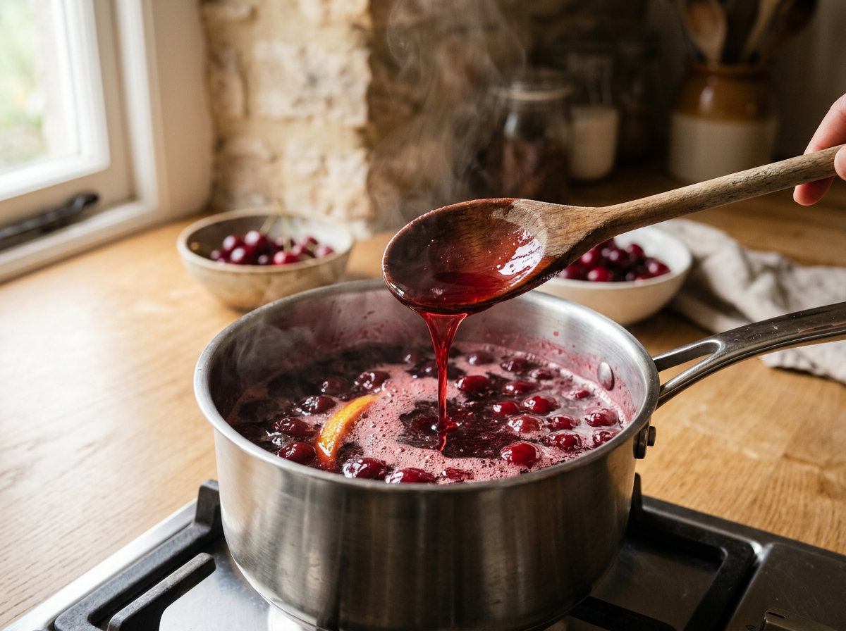 Sirop de vișine fierbând ușor într-o cratiță din inox pe aragaz