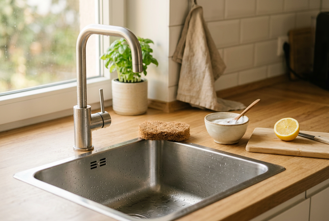 Chiuvetă de inox impecabil curățată cu pastă de bicarbonat și lămâie