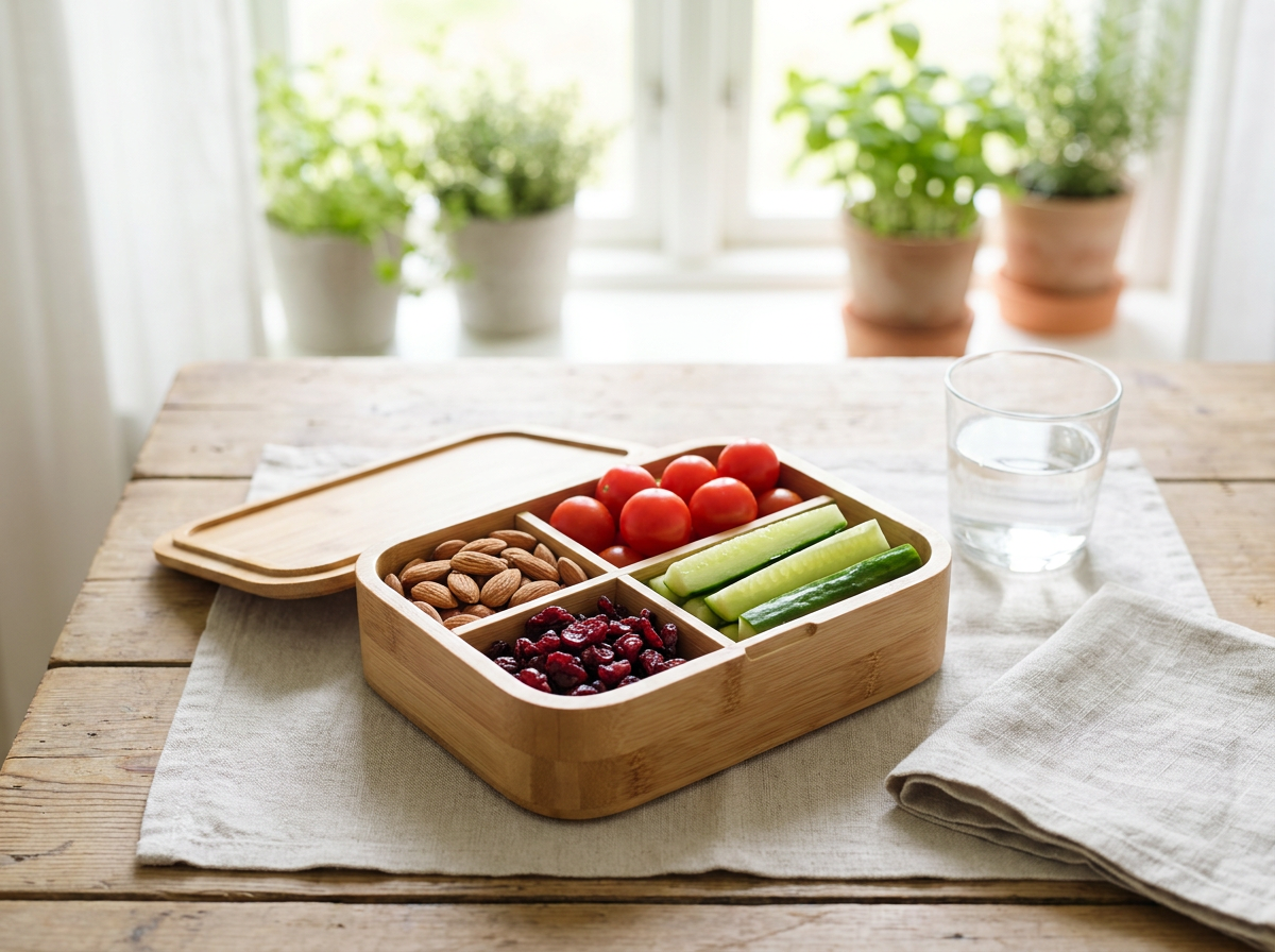 Caserolă bento compartimentată cu gustări variate și nutritive pentru pauza mare
