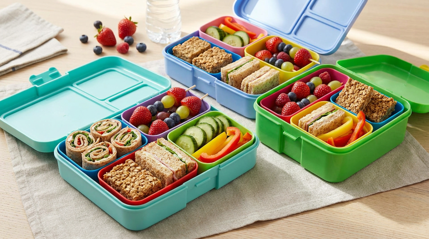 Fructe și legume proaspete porționate apetisant pentru pachețelul de școală