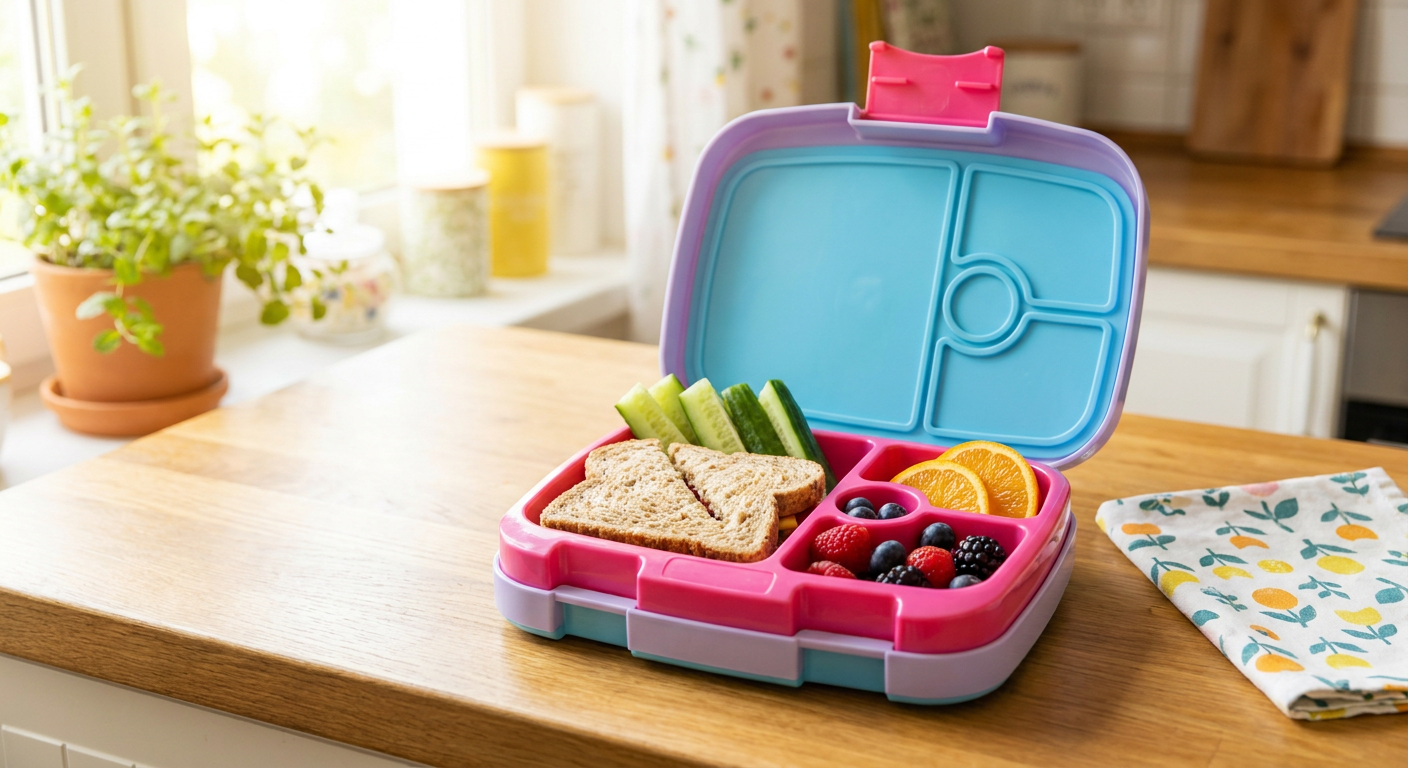 Pachețel sănătos și colorat pentru școală cu sandviș din pâine toast integrală, legume proaspete și fructe de pădure