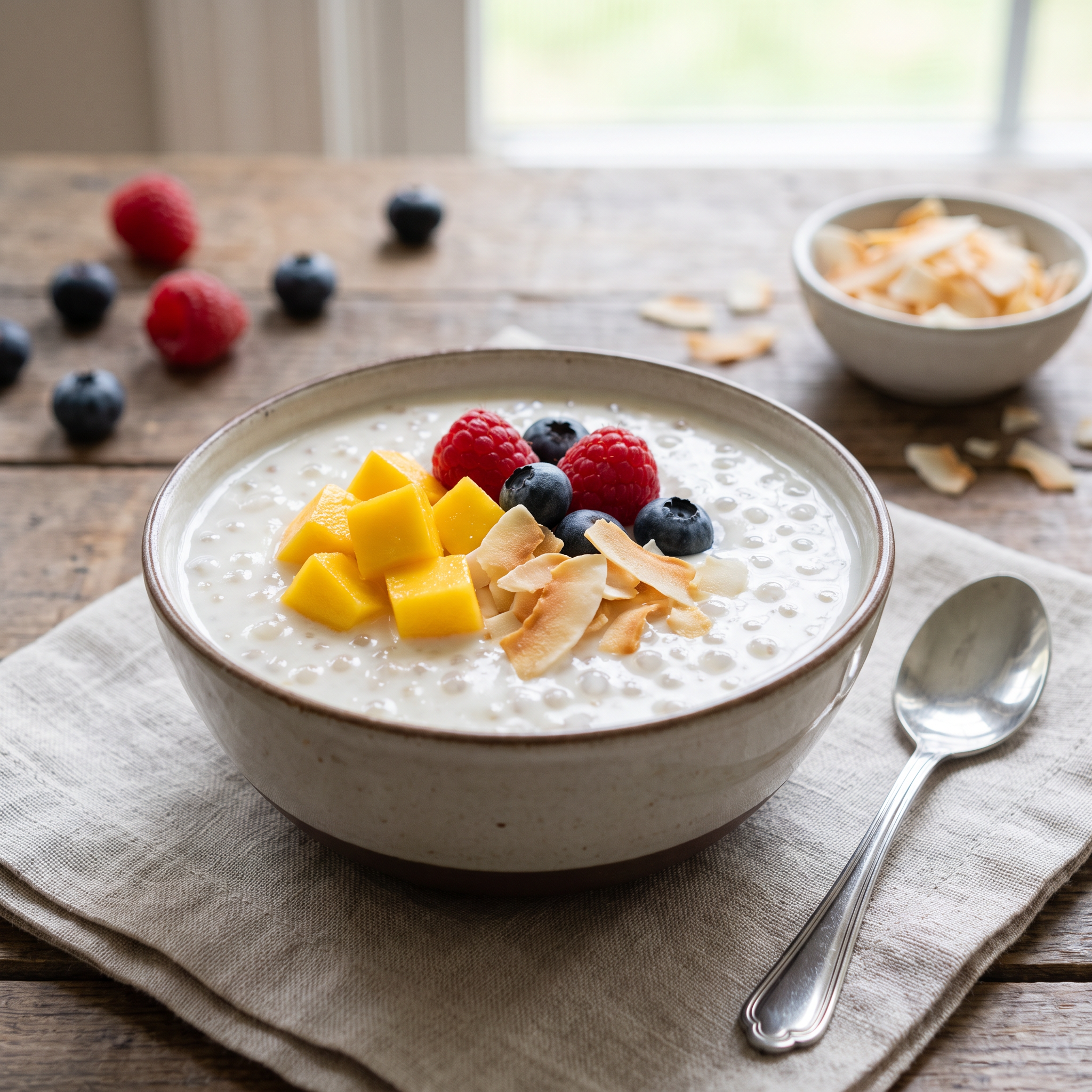 Budincă fină de tapioca servită cu bucăți proaspete de mango și zmeură
