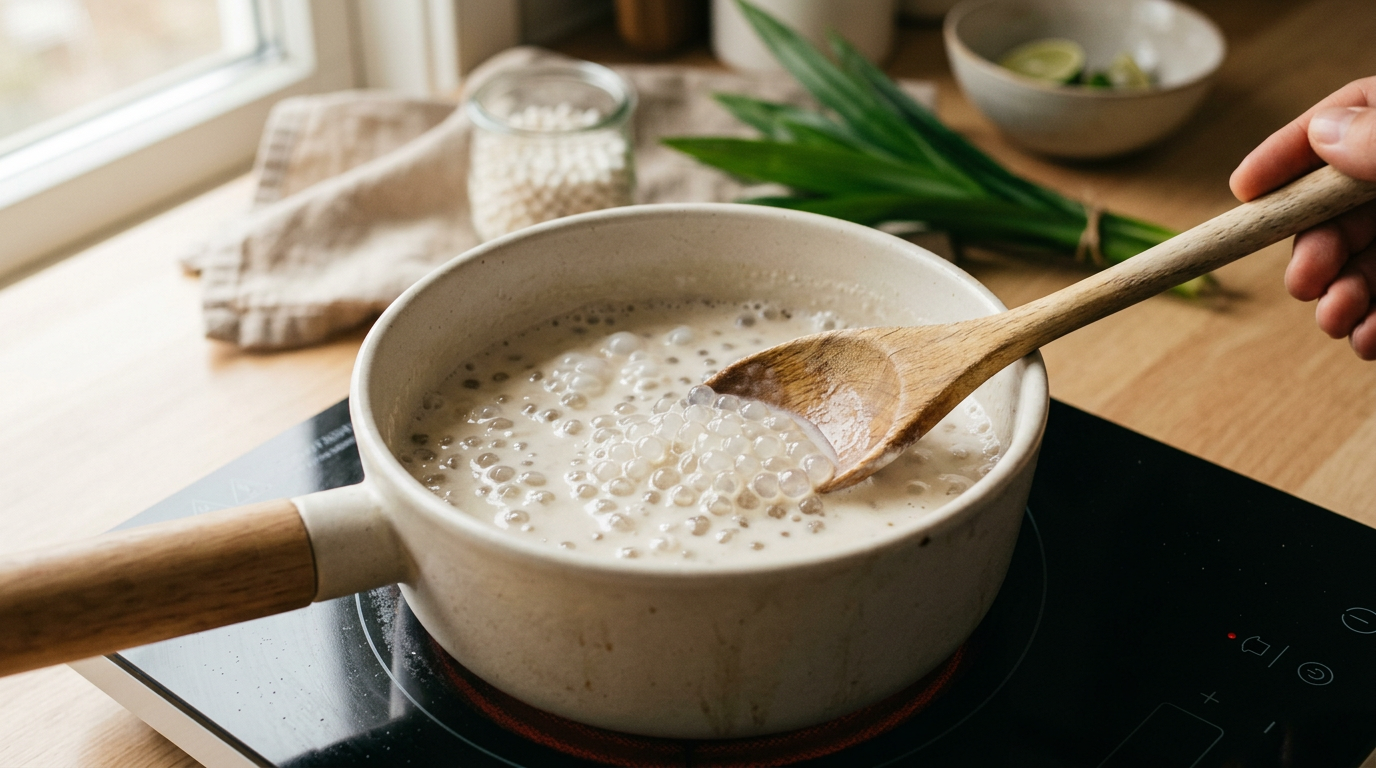 Fierberea perlelor de tapioca în lapte cremos de cocos pe aragaz