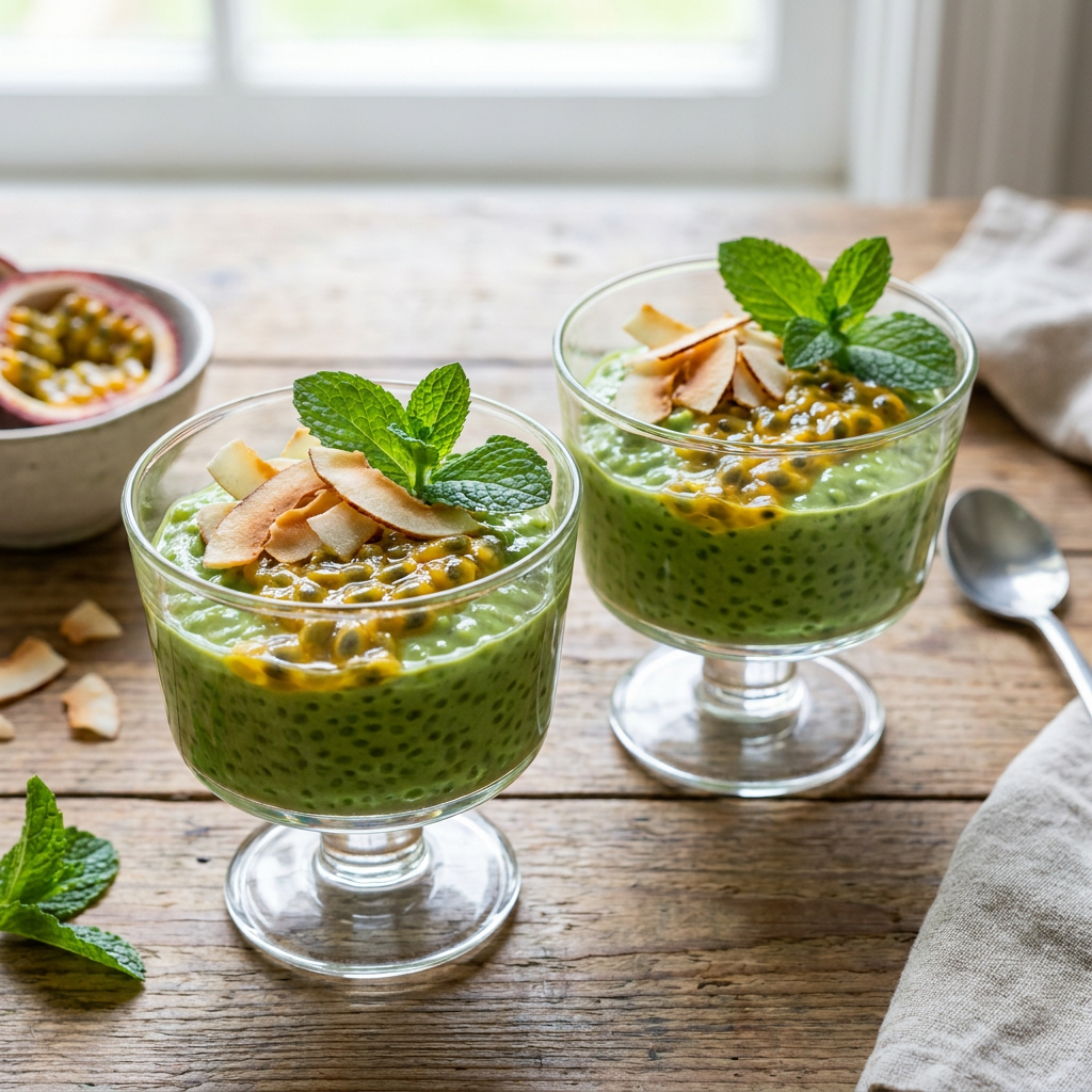 Desert modern din tapioca aromată cu ceai matcha și sos exotic de fructul pasiunii