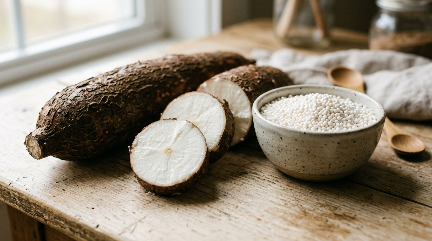 Rădăcină proaspătă de manioc și perle uscate de tapioca într-un bol rustic
