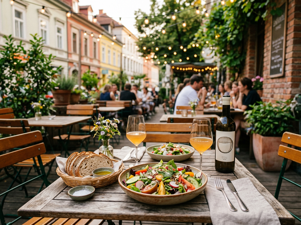 Grădină de vară cu mese festive și atmosferă caldă la lăsarea serii