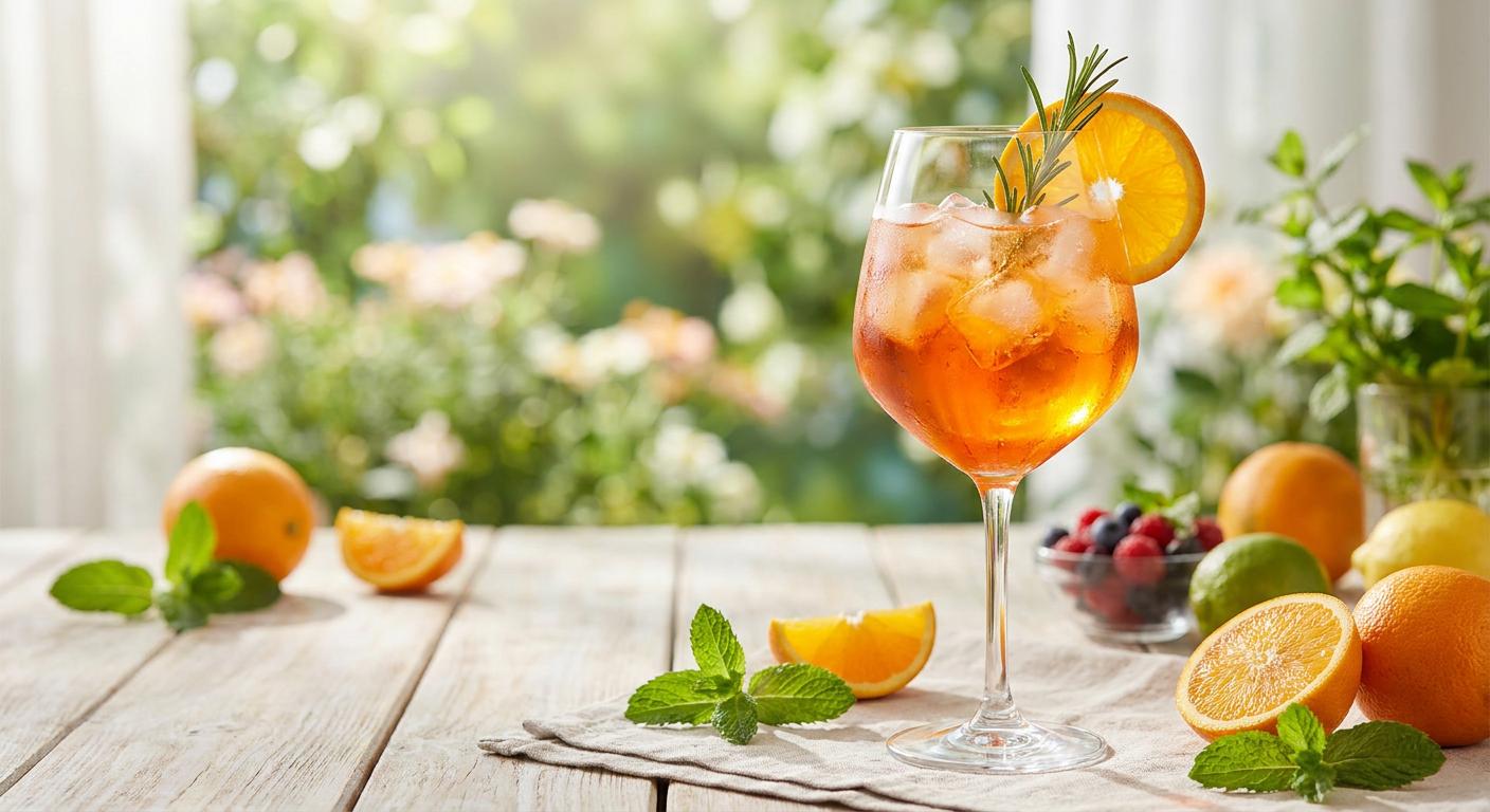 Cocktail spritz portocaliu cu gheață și citrice savurat la terasă