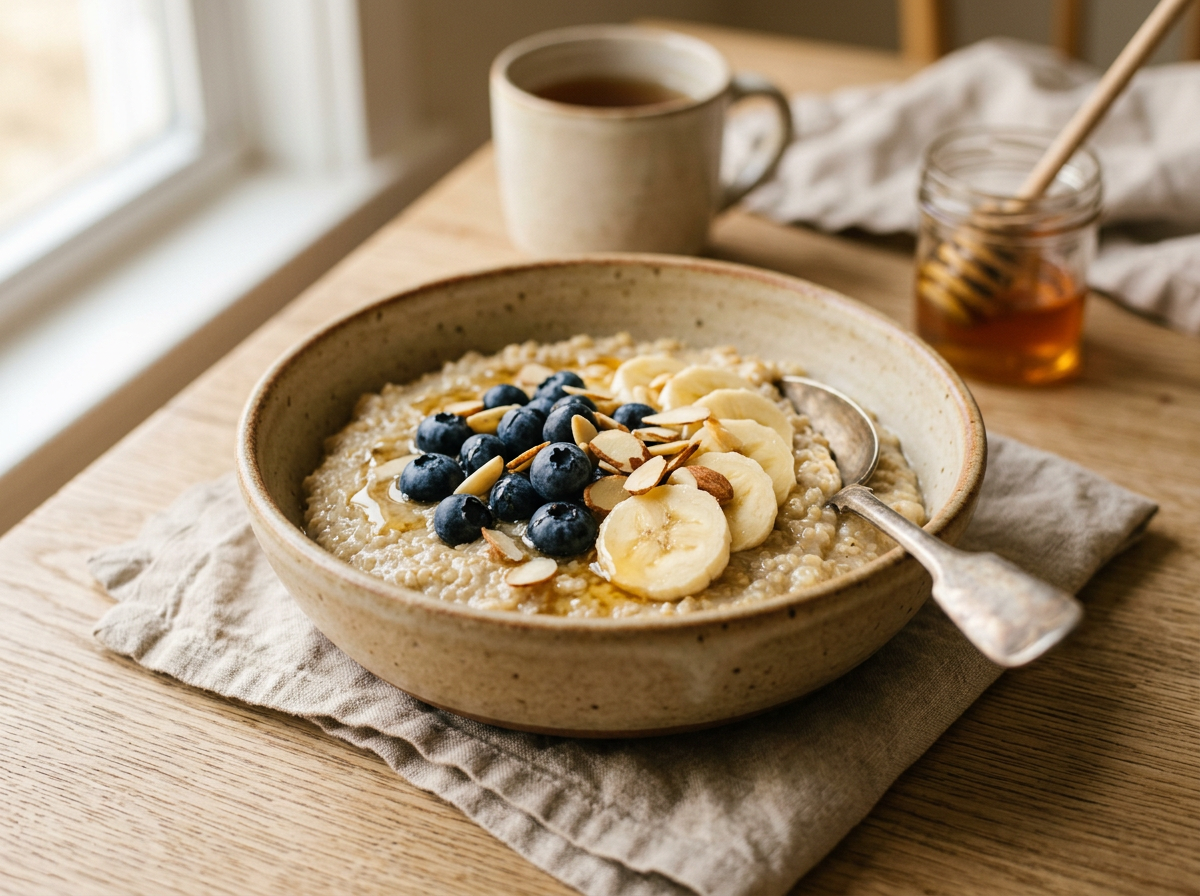Terci cald și cremos de quinoa cu fructe de pădure proaspete, felii de banană și miere aurie