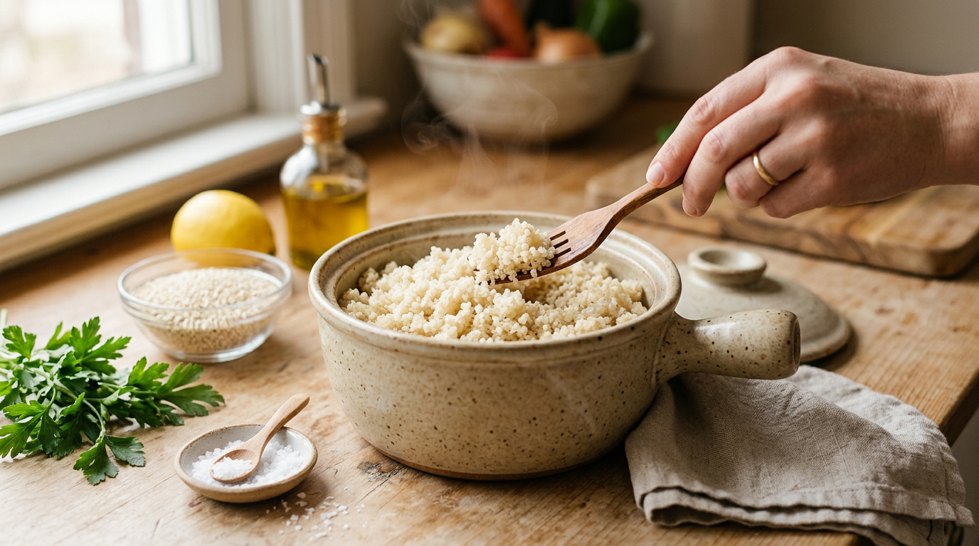 Oală ceramică cu quinoa proaspăt fiartă, pufoasă și aburindă pe masa din bucătărie