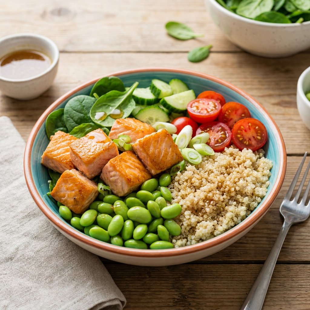 Bol mediteranean colorat cu quinoa, somon rumenit, edamame crocante și felii de castravete