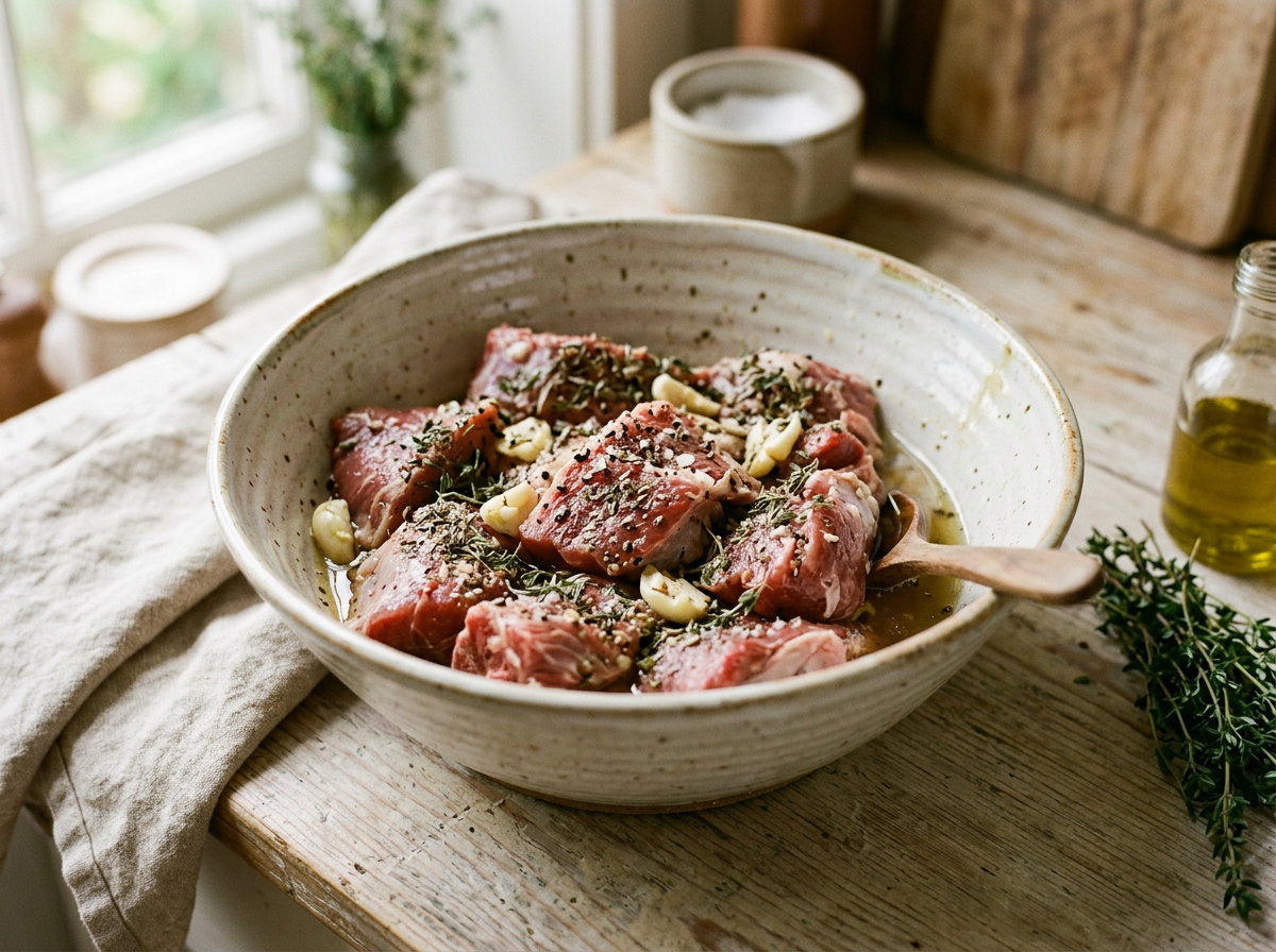 Ingrediente proaspete pentru băițul de pastramă: usturoi pisat, cimbru uscat, boabe de piper și vin alb