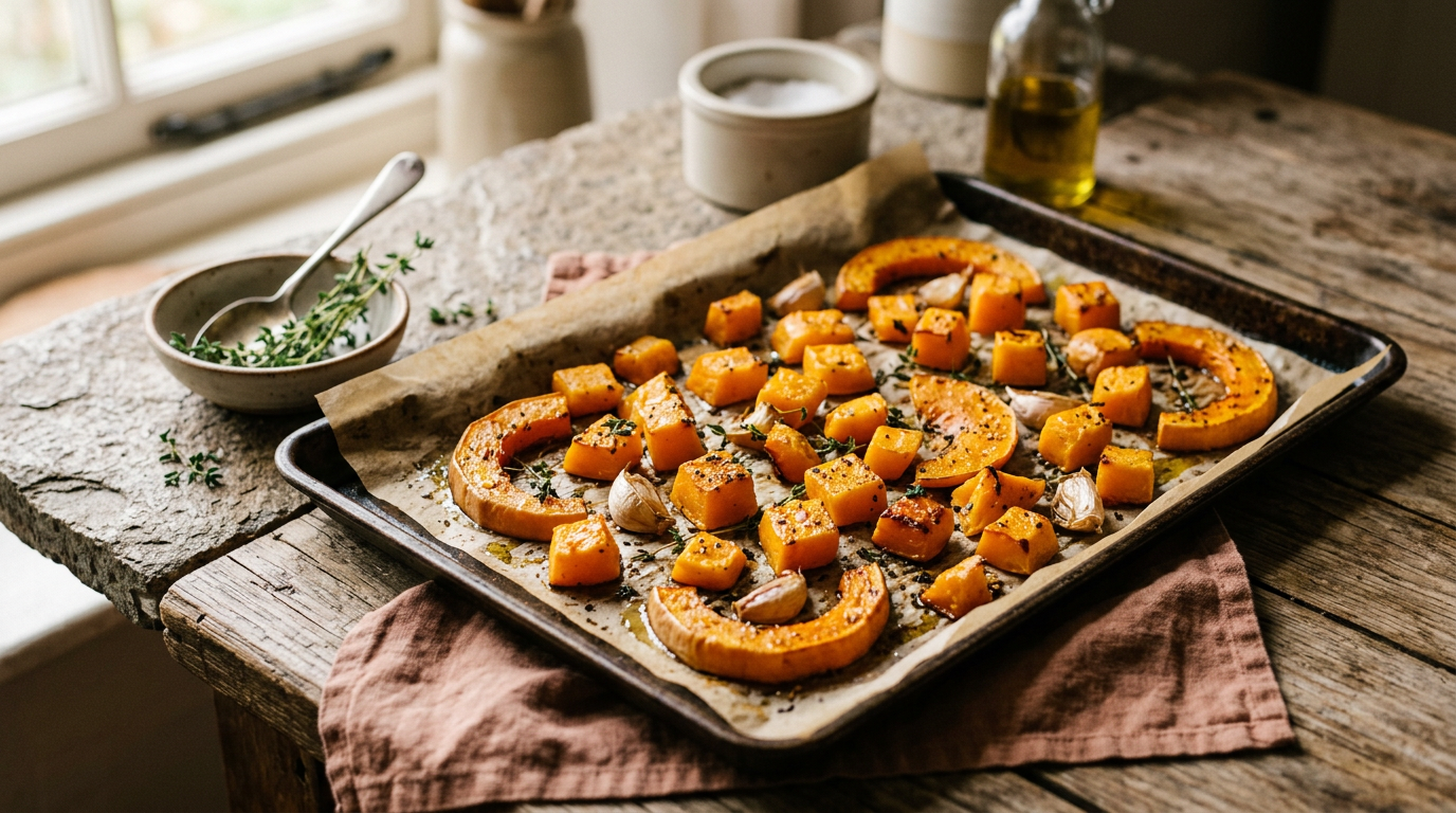 Tavă cu cuburi de dovleac plăcintar caramelizate la cuptor cu ulei de măsline și cimbru