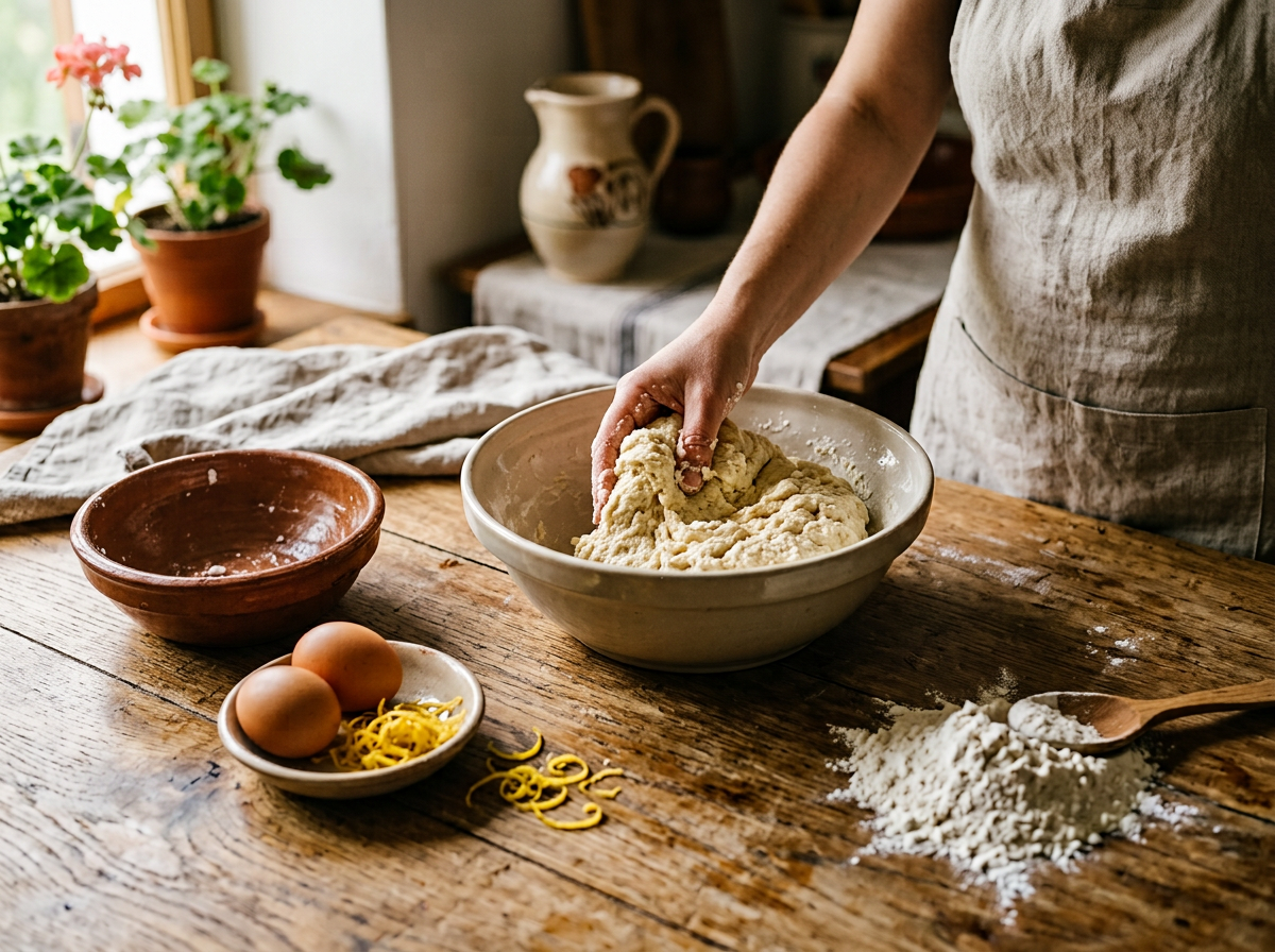 Ingrediente proaspete pentru aluatul de papanași prăjiți pe un blat rustic de lemn
