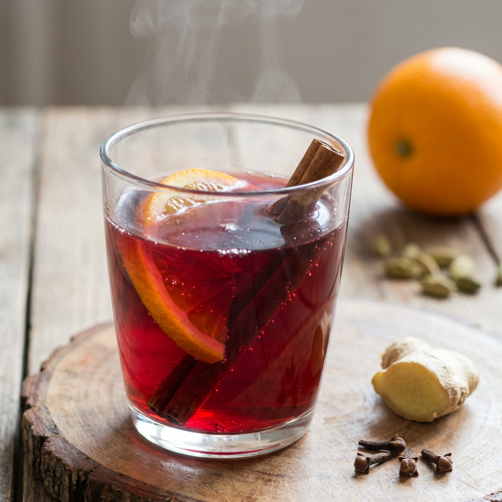 Pahar termorezistent cu vin fiert rubiniu, felie de portocală proaspătă și baton de scorțișoară